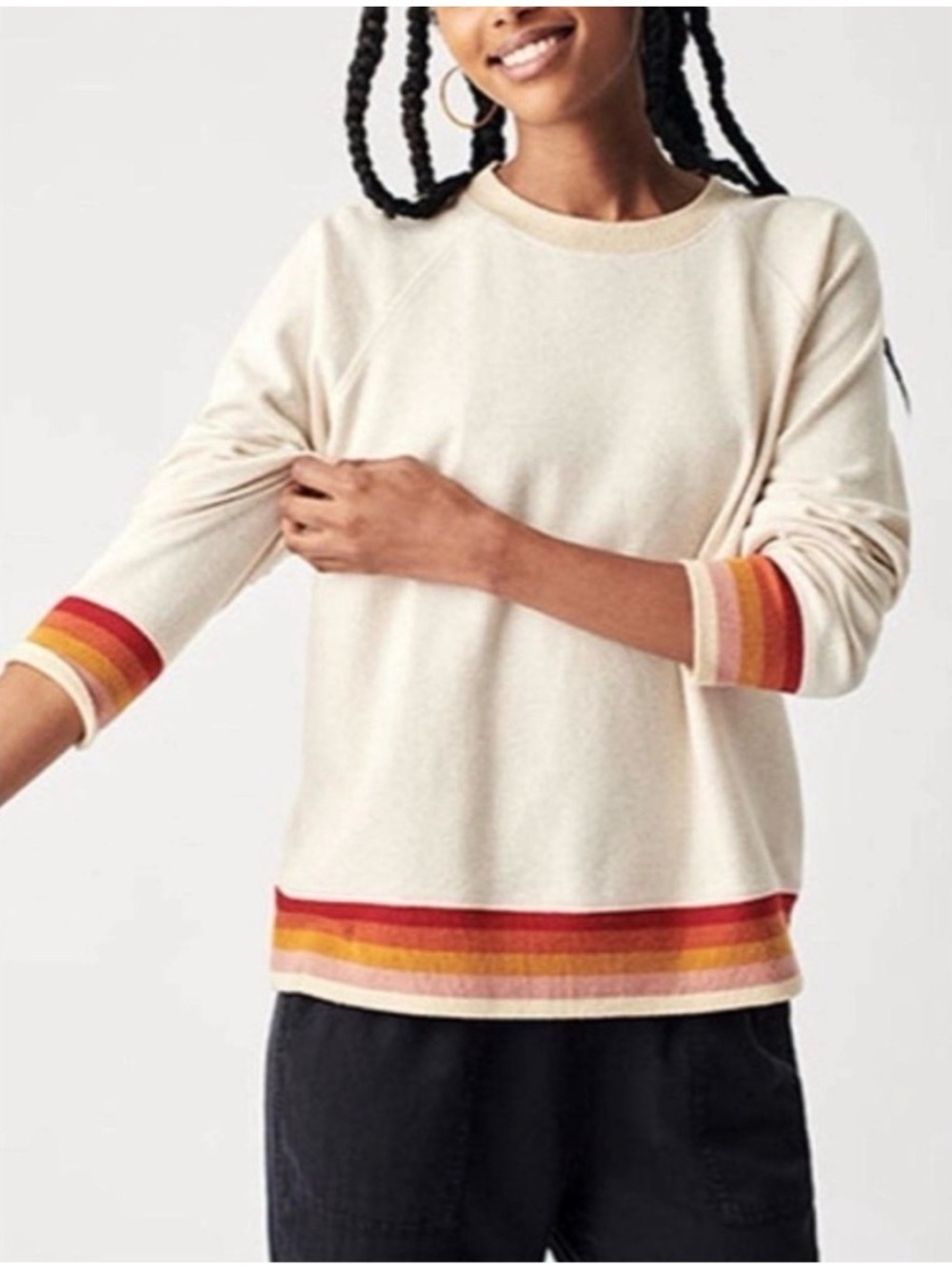 Faherty Cream Crewneck Sweater with Striped Hem and Cuffs